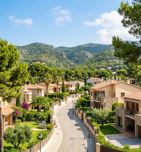Vistas de chalets, naturaleza y el entorno seguro del barrio de Can Roca en Castelldefels